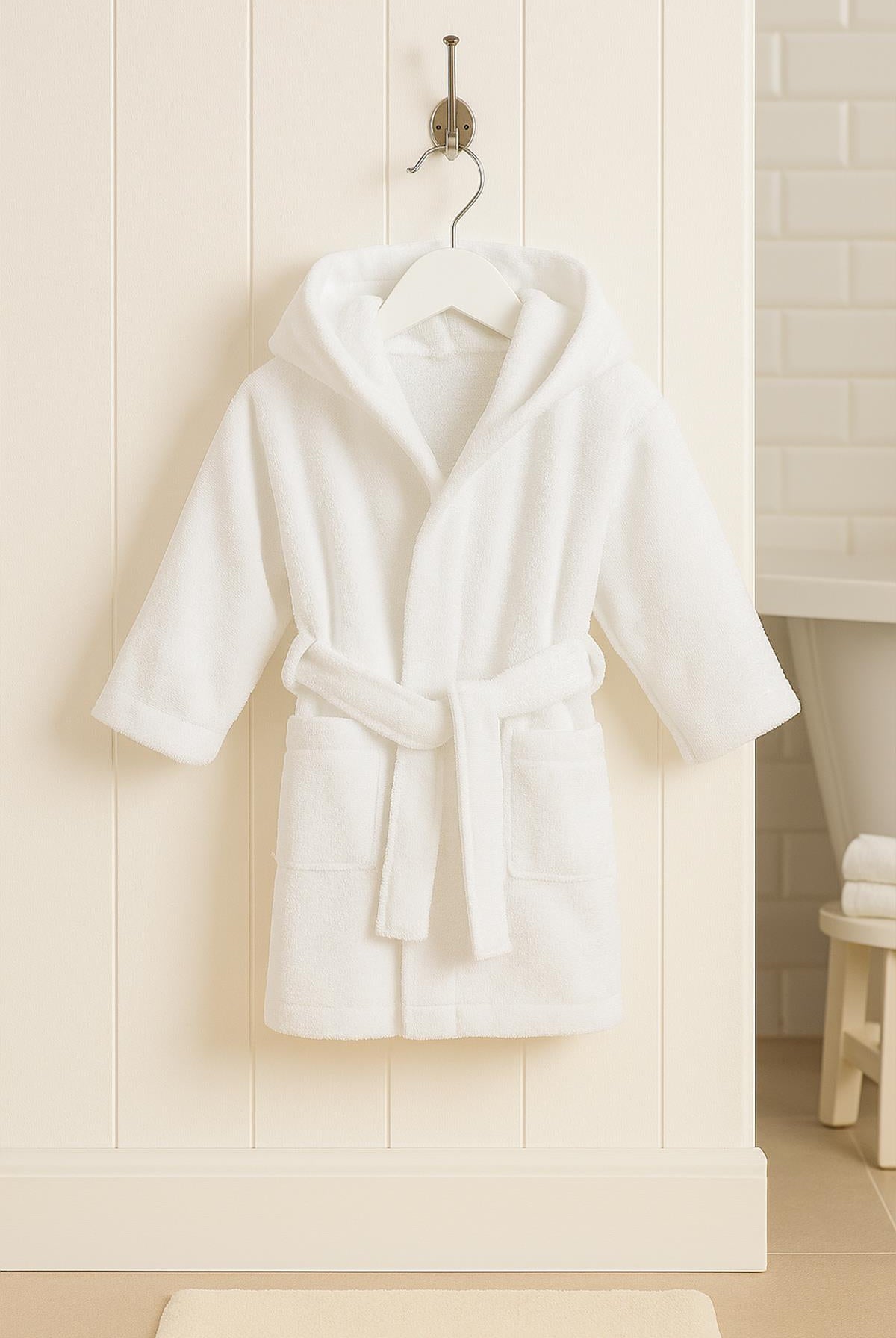 CottonVerse Bebek & Çocuk Kapşonlu Bornoz – %100 Pamuk, Unisex Beyaz - Ender Home