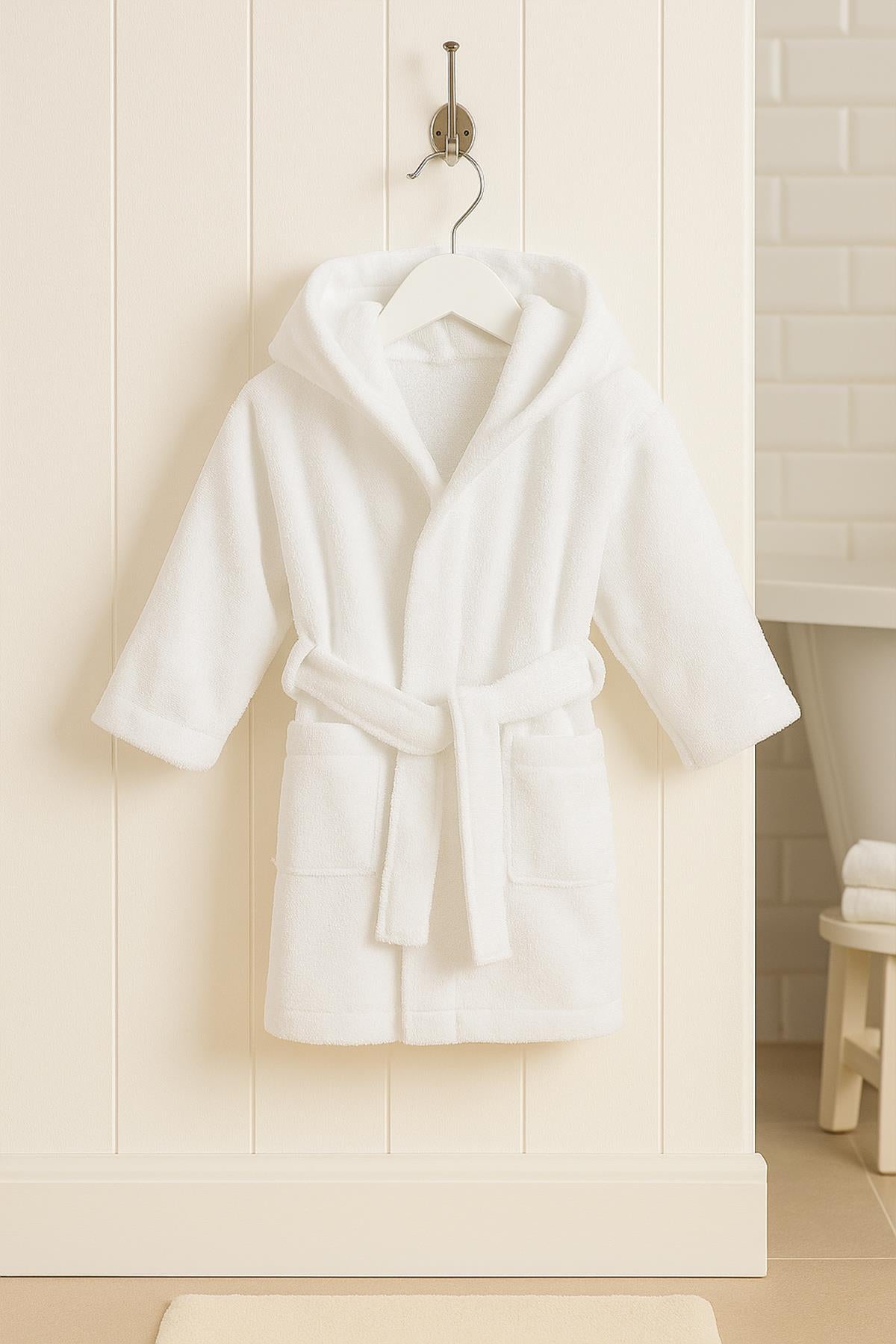CottonVerse Bebek & Çocuk Kapşonlu Bornoz – %100 Pamuk, Unisex Beyaz - Ender Home