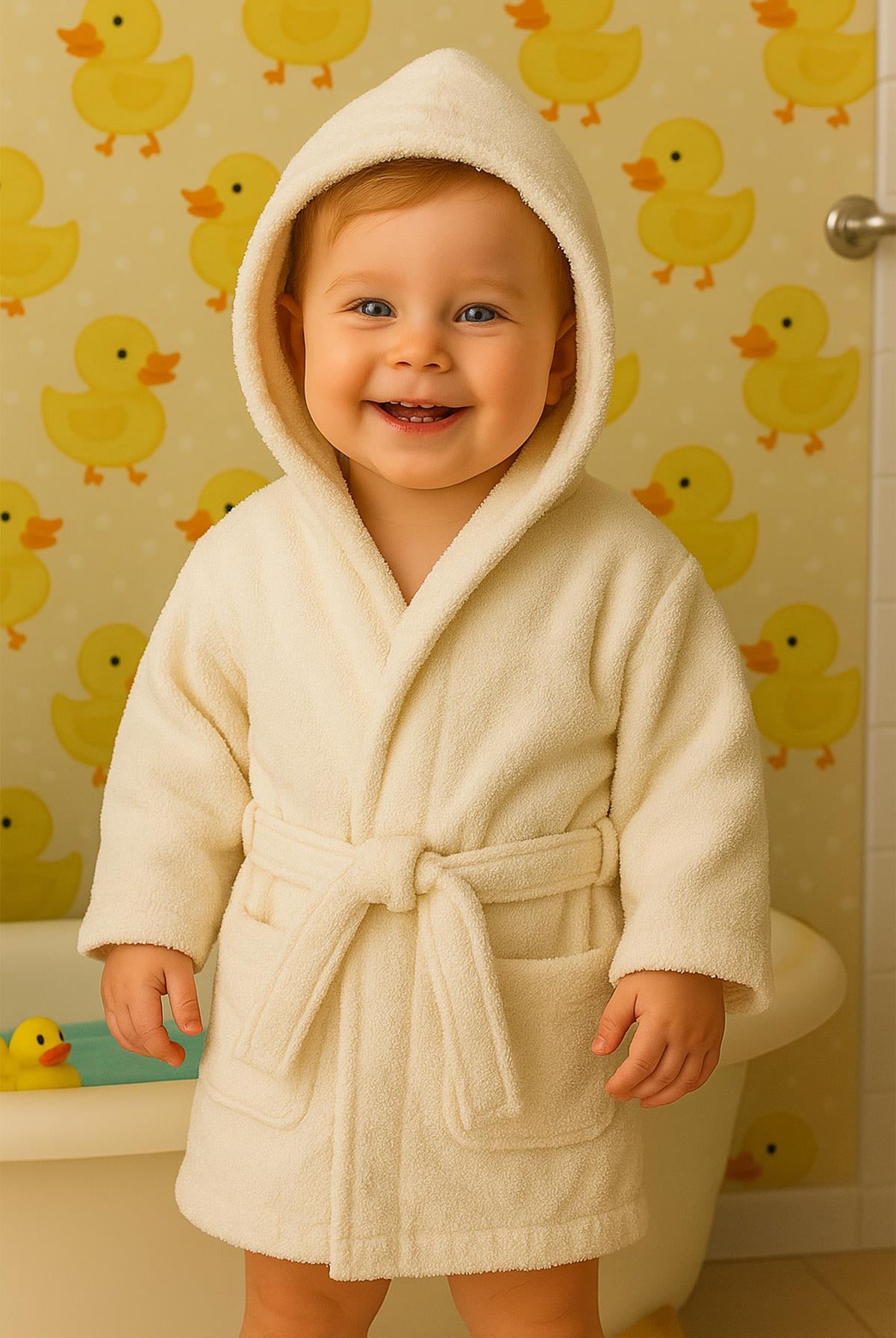 CottonVerse Bebek & Çocuk Kapşonlu Bornoz – %100 Pamuk, Unisex Ekru - Ender Home
