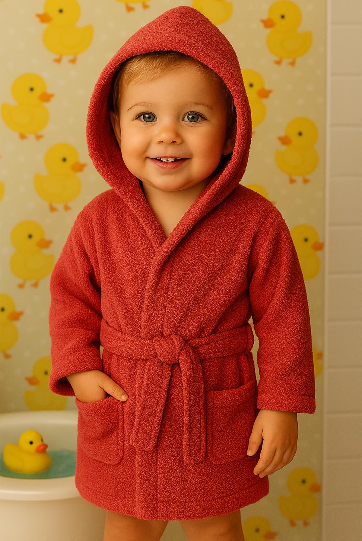 CottonVerse Bebek & Çocuk Kapşonlu Bornoz – %100 Pamuk, Unisex Kırmızı - Ender Home