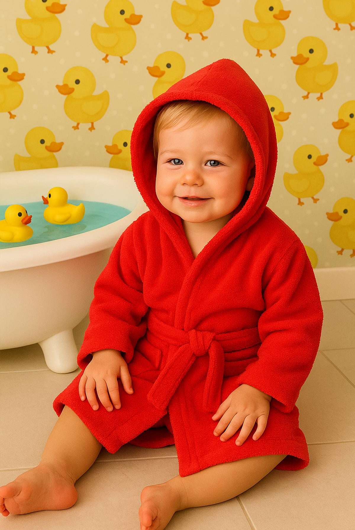 CottonVerse Bebek & Çocuk Kapşonlu Bornoz – %100 Pamuk, Unisex Kırmızı - Ender Home