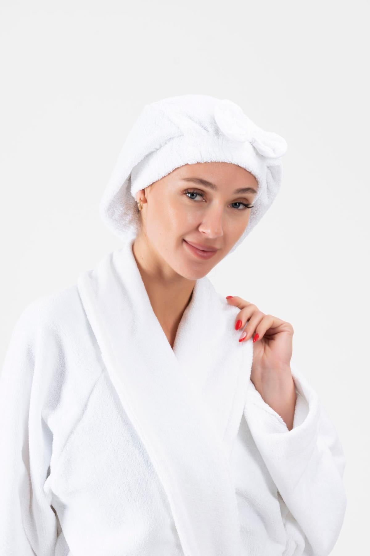 CottonVerse Saç Kurulama Bonesi – %100 Pamuk , Fiyonklu Beyaz - Ender Home