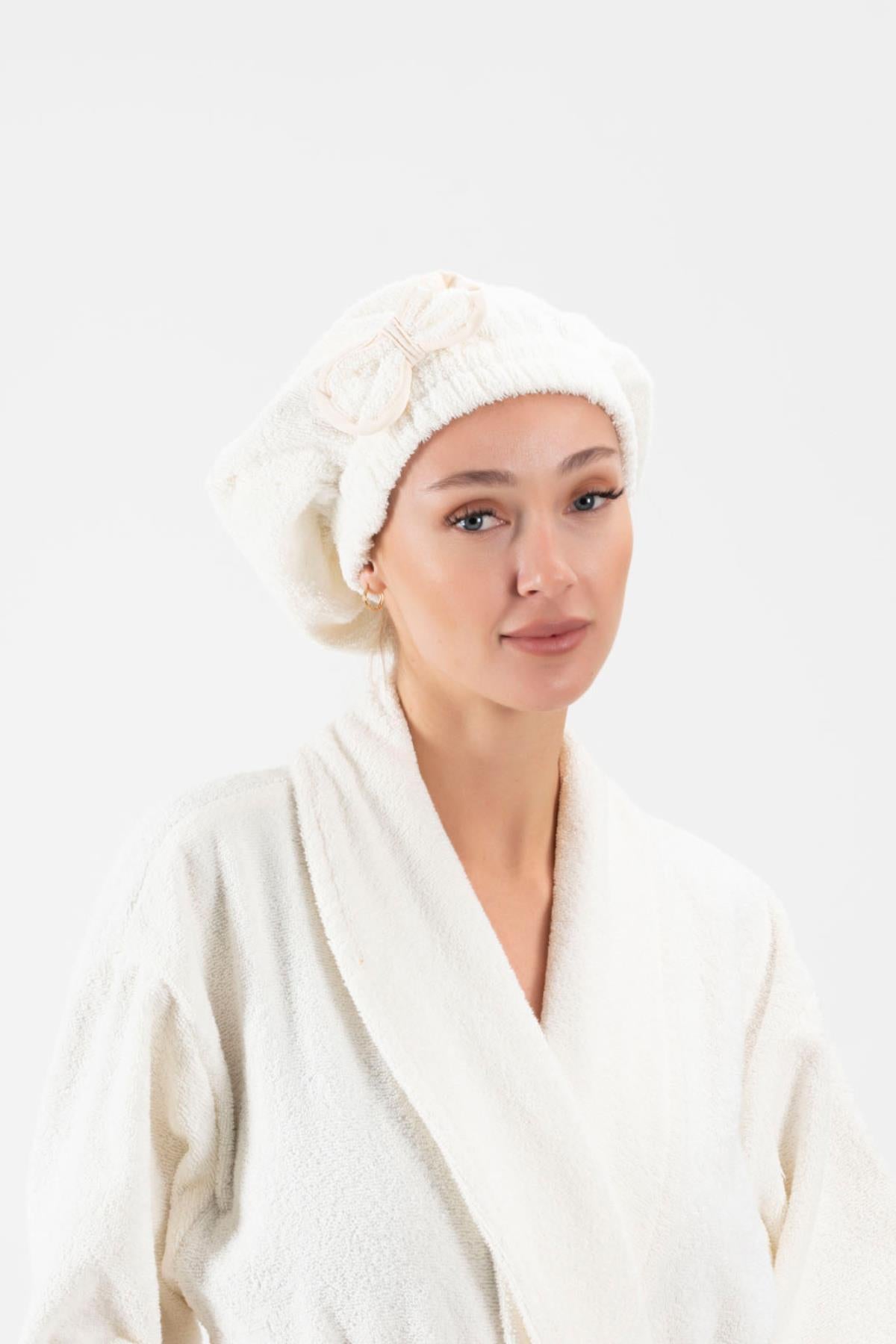 CottonVerse Saç Kurulama Bonesi – %100 Pamuk , Fiyonklu Ekru - Ender Home