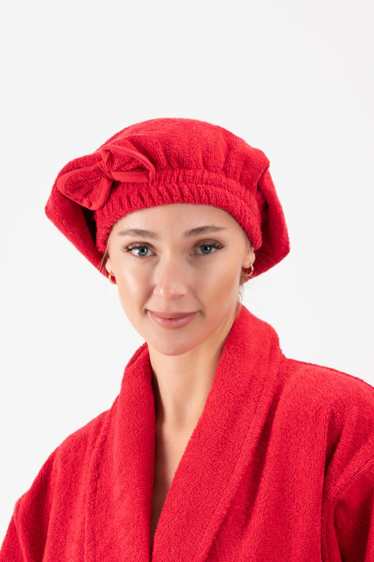 CottonVerse Saç Kurulama Bonesi – %100 Pamuk , Fiyonklu Kırmızı - Ender Home