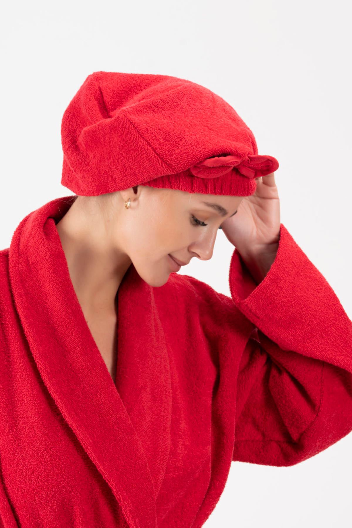 CottonVerse Saç Kurulama Bonesi – %100 Pamuk , Fiyonklu Kırmızı - Ender Home