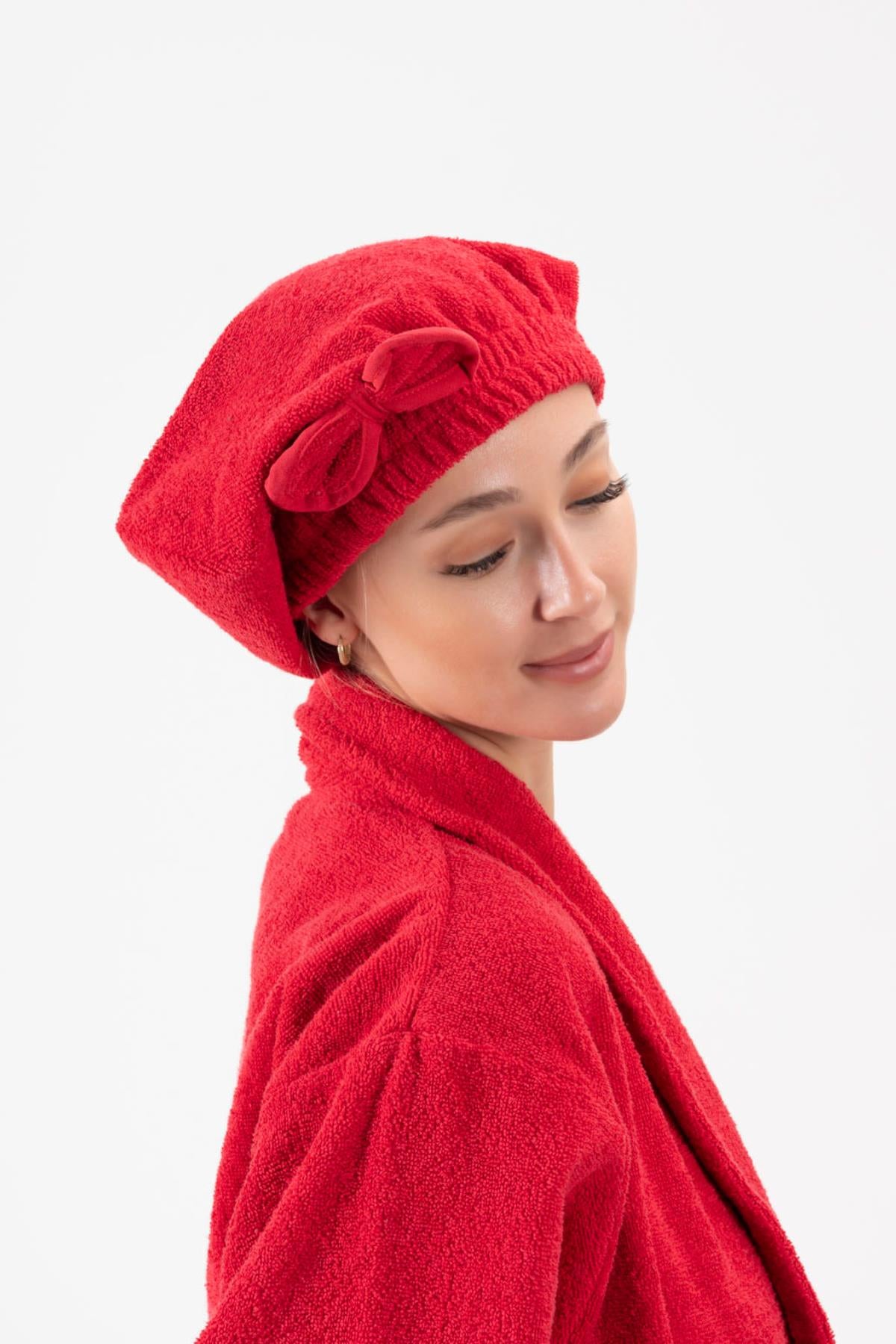 CottonVerse Saç Kurulama Bonesi – %100 Pamuk , Fiyonklu Kırmızı - Ender Home