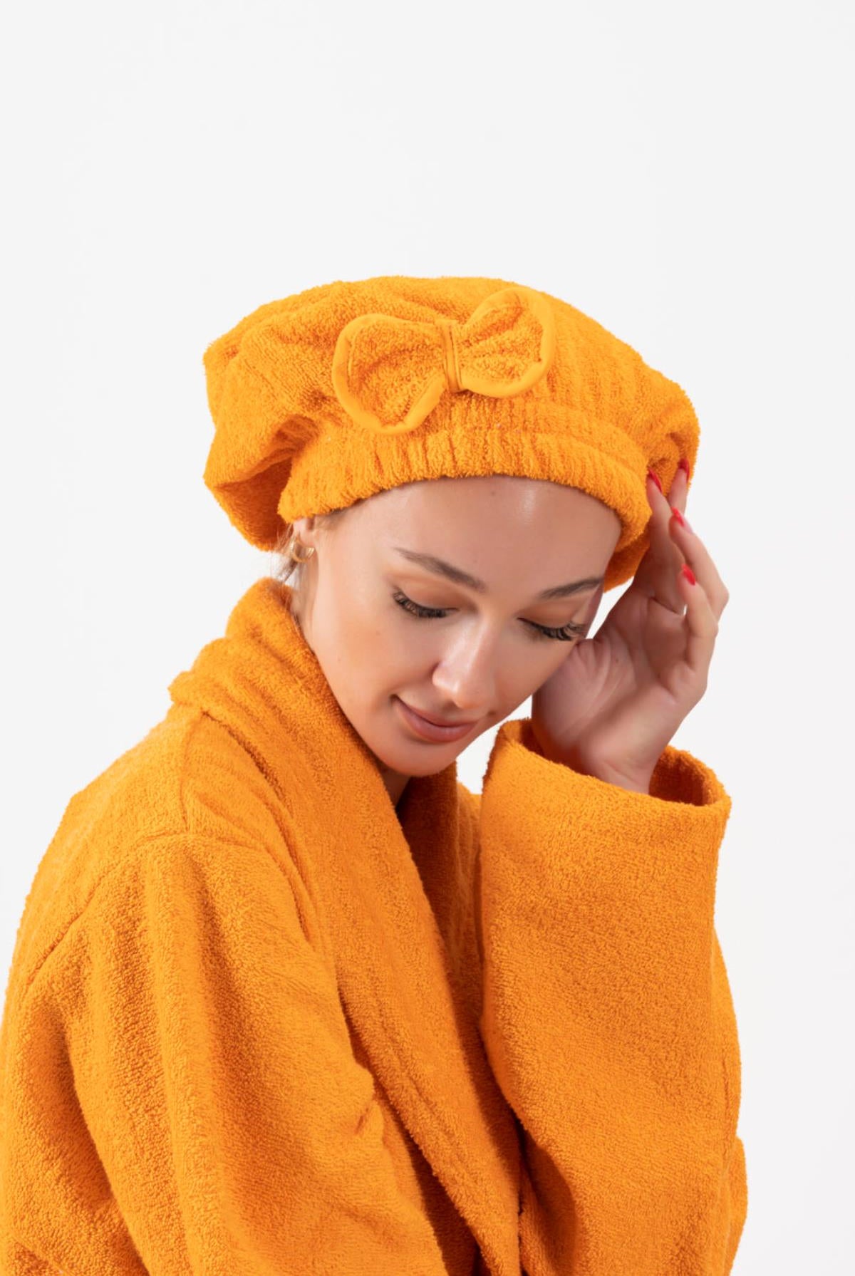 CottonVerse Saç Kurulama Bonesi – %100 Pamuk , Fiyonklu Turuncu - Ender Home