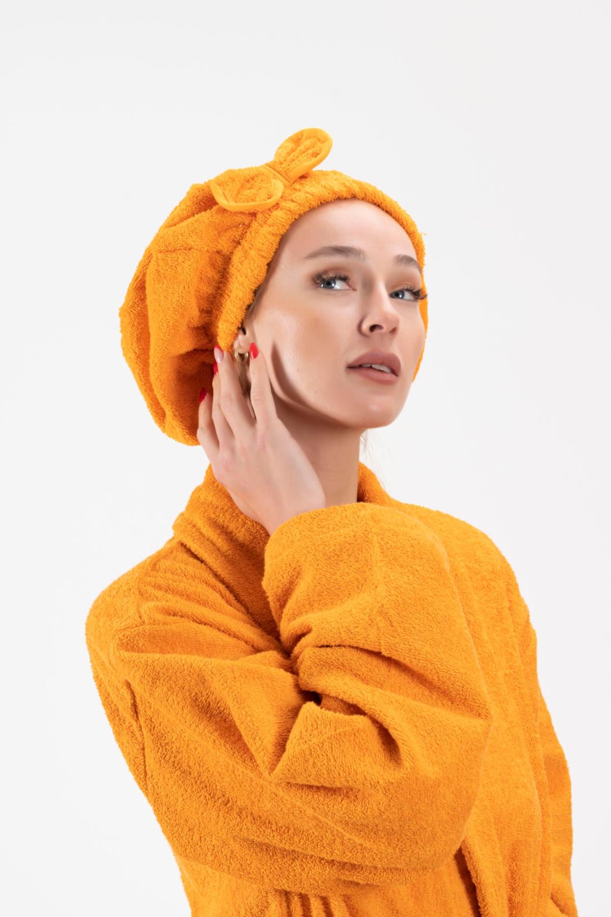 CottonVerse Saç Kurulama Bonesi – %100 Pamuk , Fiyonklu Turuncu - Ender Home