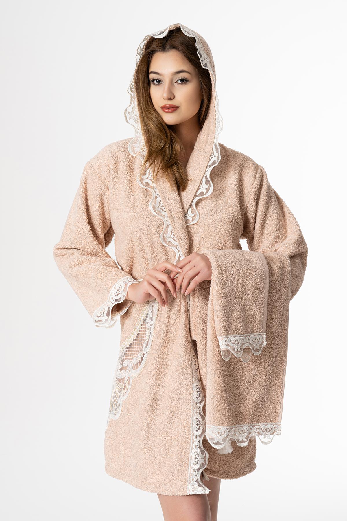 Flora Gelin Bornoz Set 5 Parça Dantelli Çeyizlik Takım Bej - Ender Home