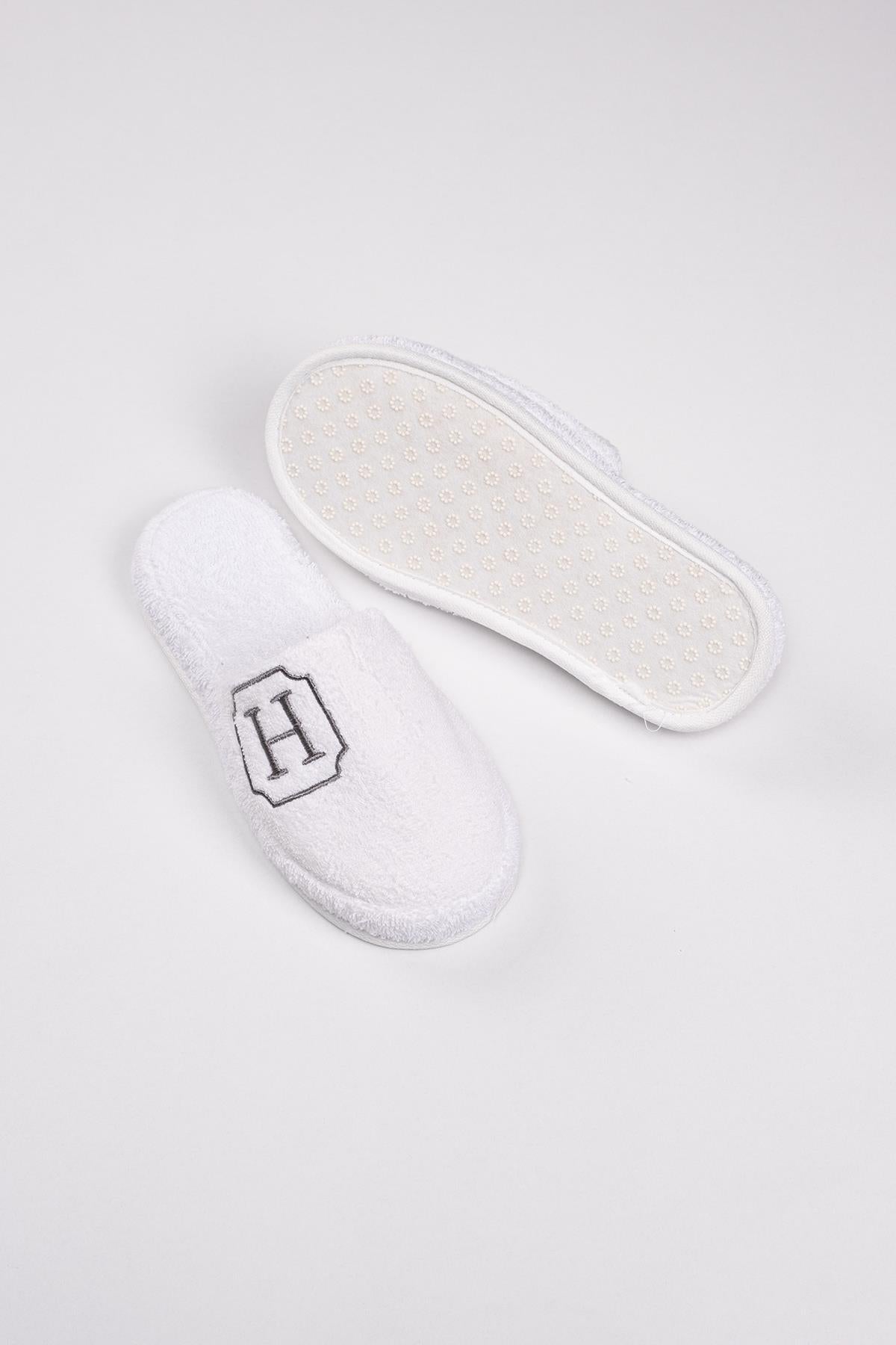 H Harf Nakışlı Banyo Ve Ev Havlu Terliği – %100 Pamuk Kaymaz Kalın Taban - Ender Home