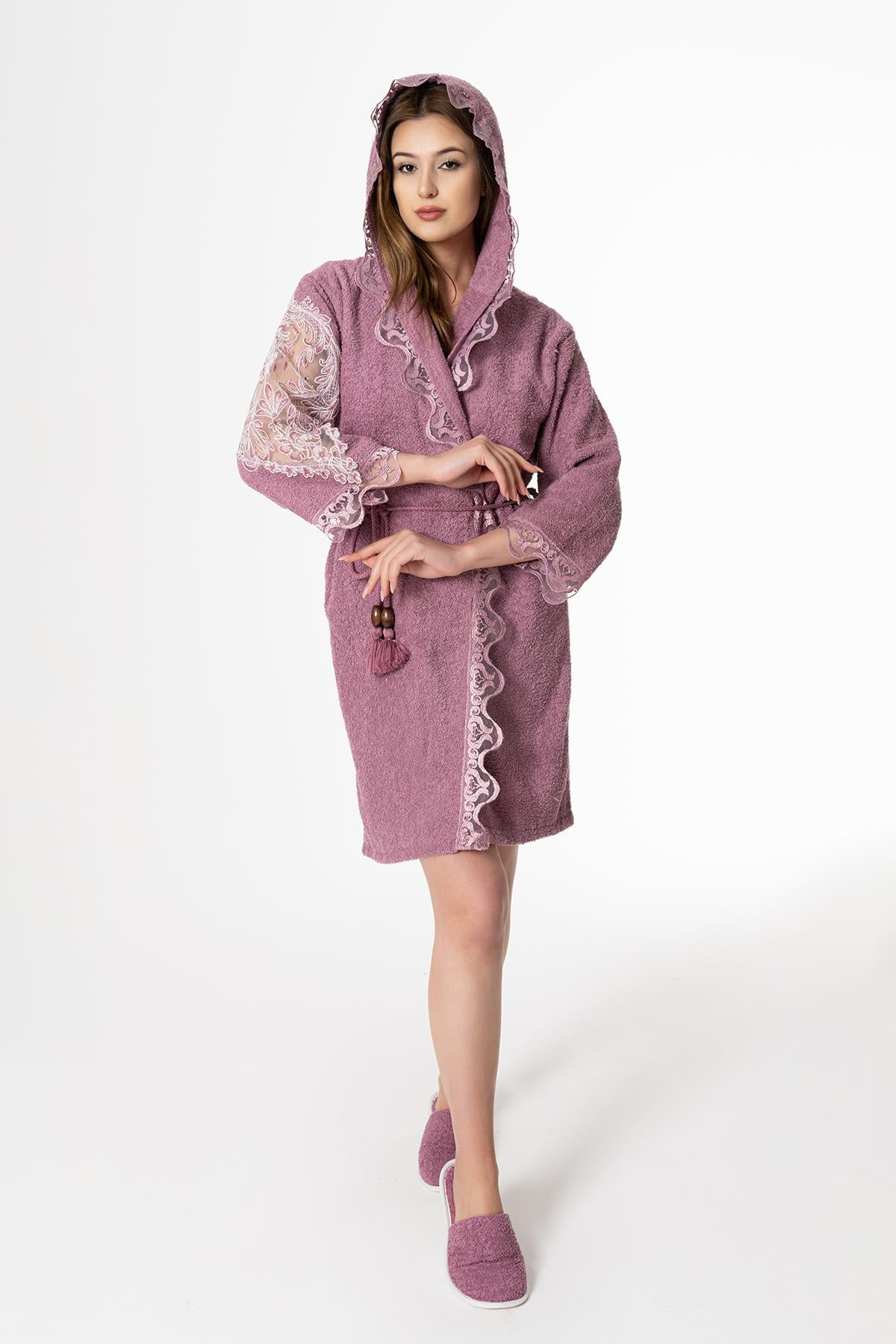 Lena Gelin Bornoz Set 5 Parça Dantelli Çeyizlik Takım Mor - Ender Home