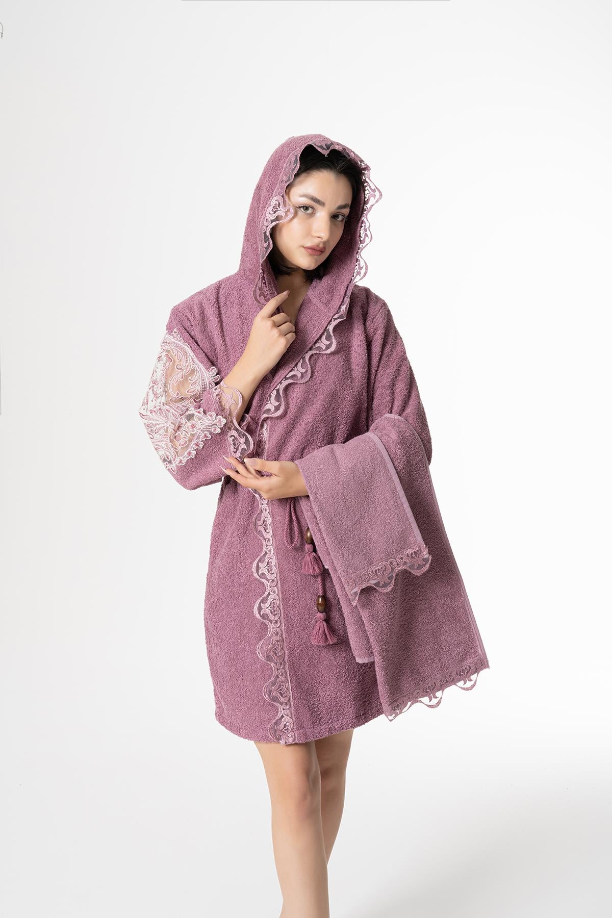 Lena Gelin Bornoz Set 5 Parça Dantelli Çeyizlik Takım Mor - Ender Home