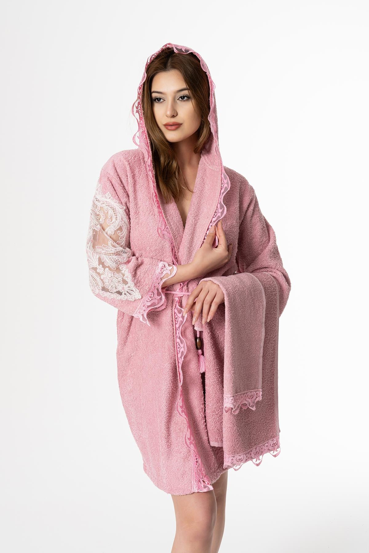 Lena Gelin Bornoz Set 5 Parça Dantelli Çeyizlik Takım Pembe - Ender Home