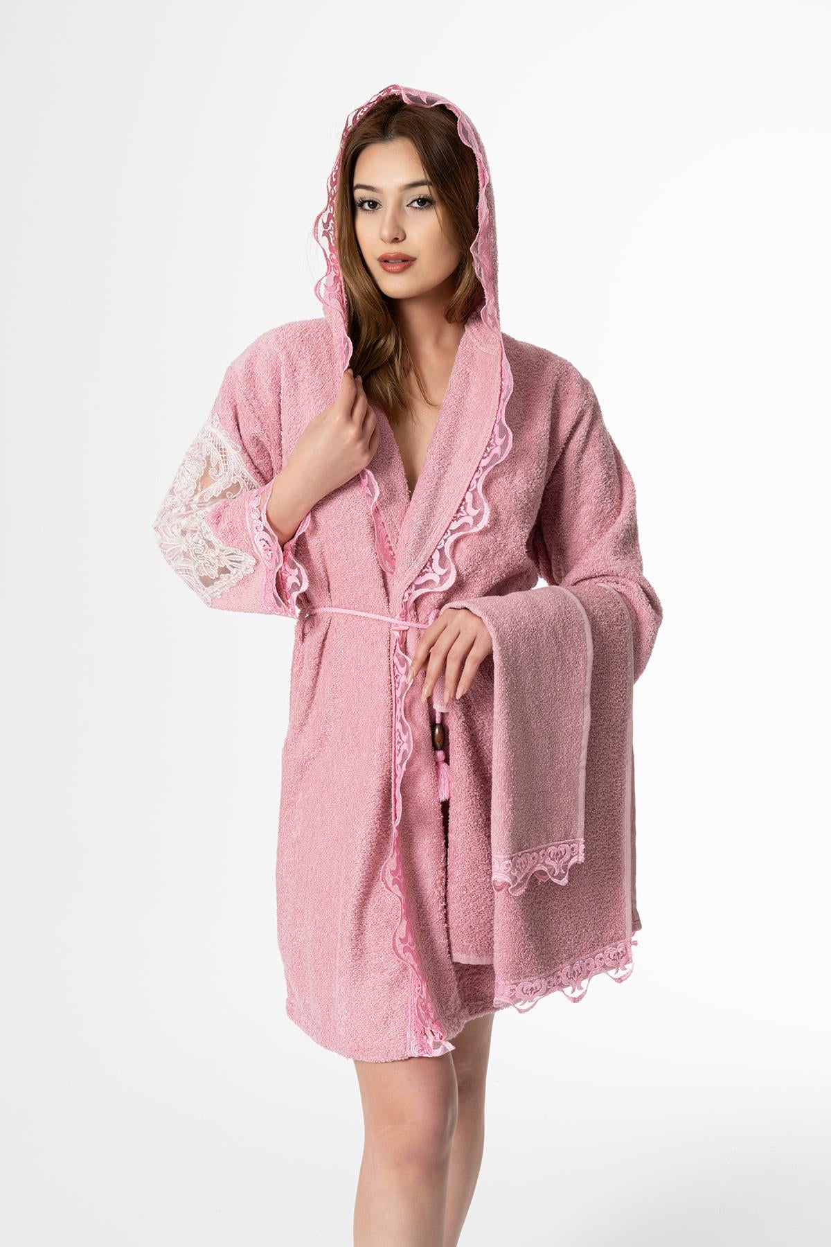 Lena Gelin Bornoz Set 5 Parça Dantelli Çeyizlik Takım Pembe - Ender Home