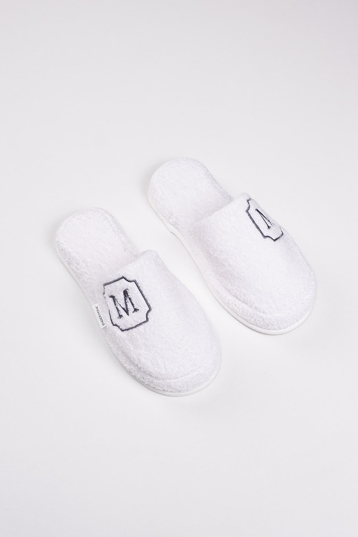 M Harf Nakışlı Banyo Ve Ev Havlu Terliği – %100 Pamuk Kaymaz Kalın Taban - Ender Home