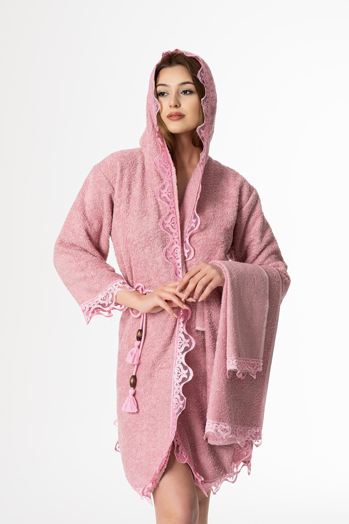 Rosa Gelin Bornoz Set 5 Parça Dantelli Çeyizlik Takım Pembe - Ender Home