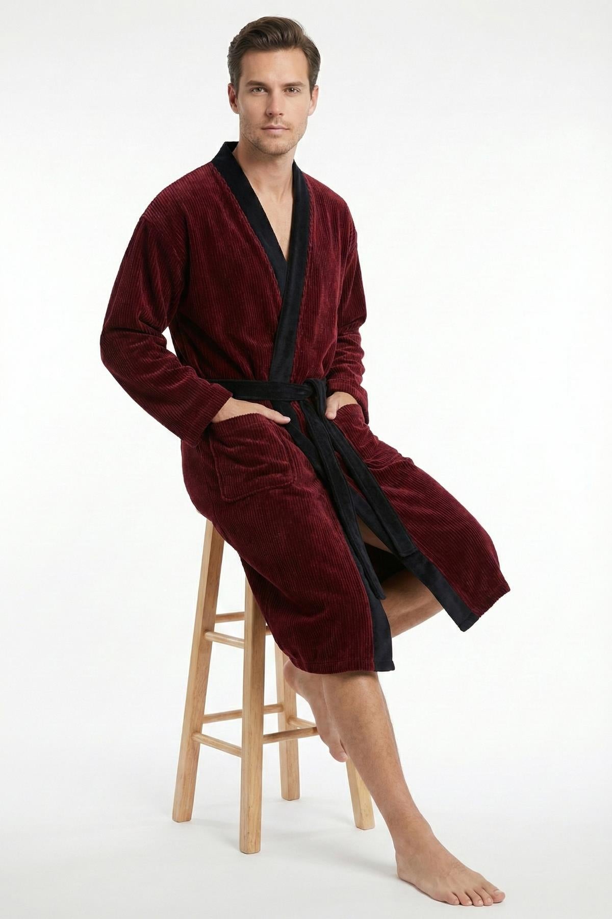 VelourTouch Lüx Kimono Bornoz – %100 Pamuk , Kadife , Unisex Kırmızı - Siyah - Ender Home