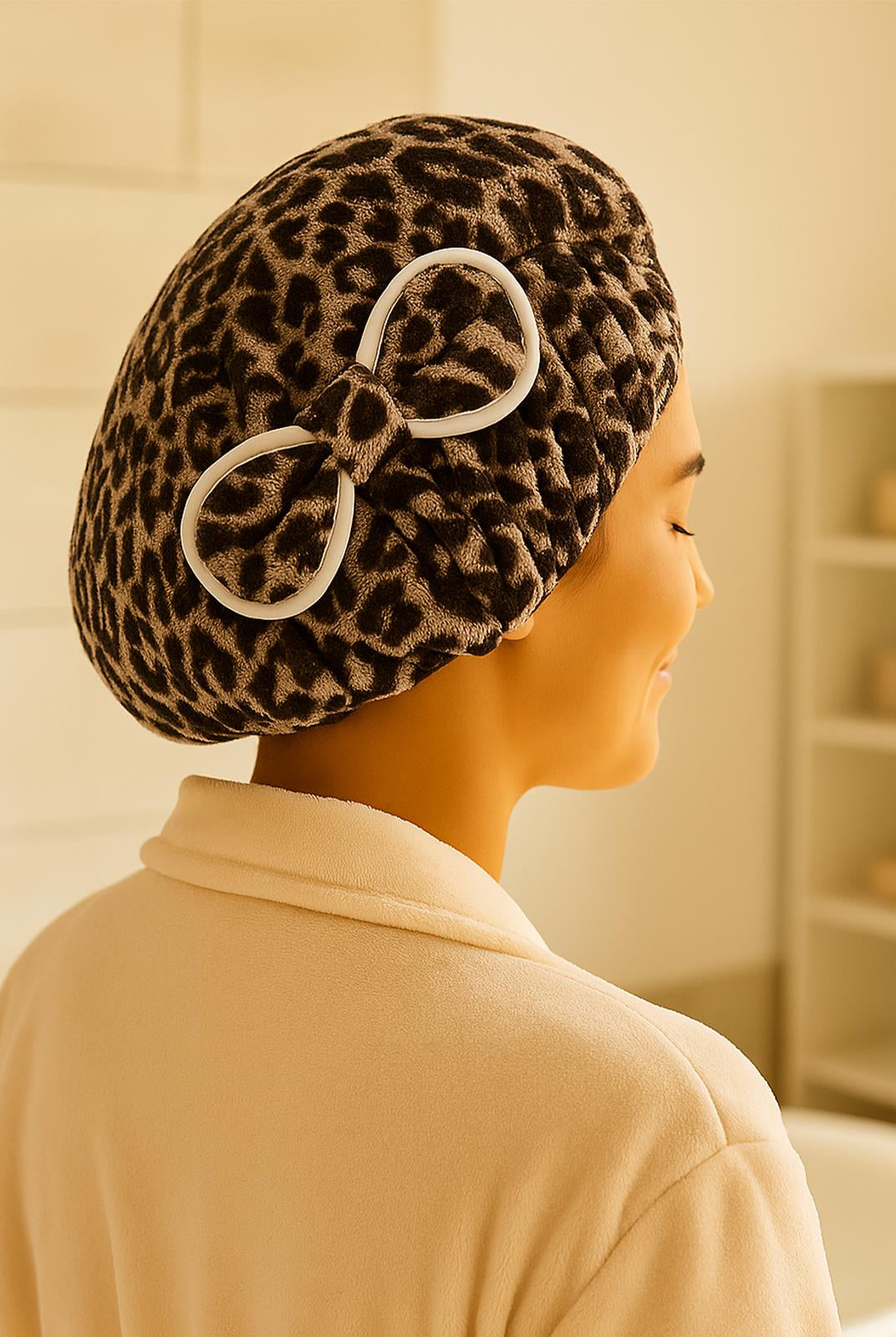 Wild Spirit Leopar Desen Saç Kurulama Bonesi – %100 Pamuk Leopar Baskılı- Ekru Biyeli - Ender Home