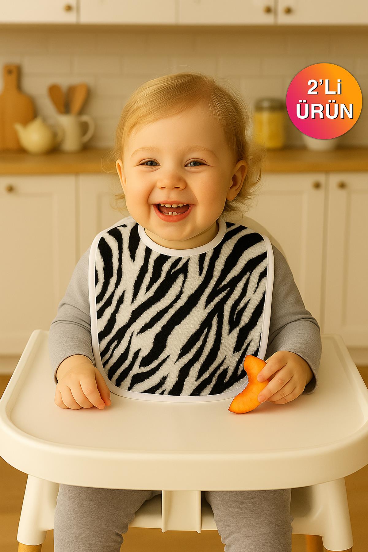 Wild Sprit 2'li Zebra Desen Bebek Mama Önlüğü – 25x30 cm Zebra Baskılı- Beyaz Biyeli - Ender Home