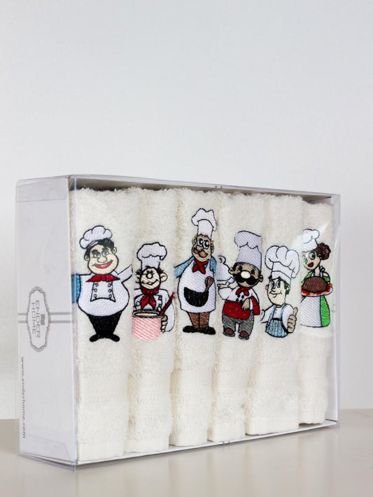 30x30 Cm 6 Ad. Aşçı Desen Nakışlı Kutulu Peçete Mutfak Havlu Seti
