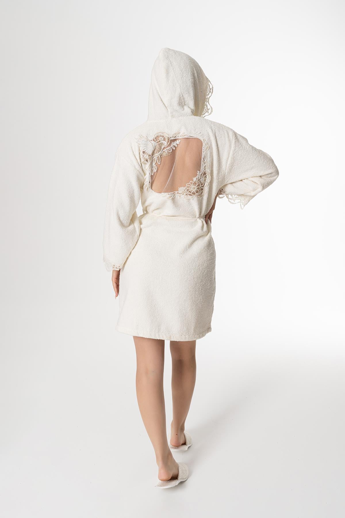 Ada Gelin Bornoz Set 5 Parça Dantelli Çeyizlik Takım Krem - Ender Home