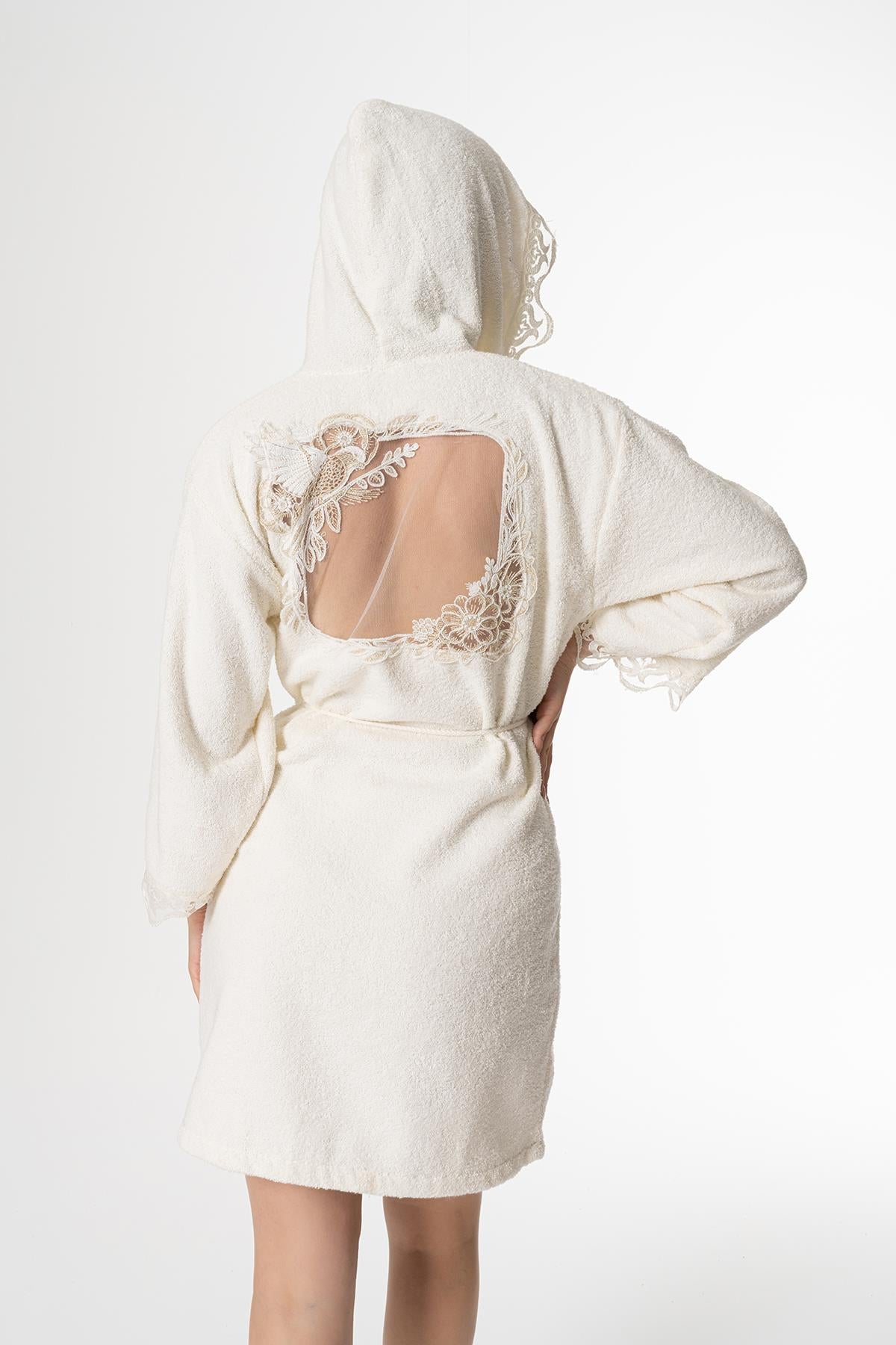 Ada Gelin Bornoz Set 5 Parça Dantelli Çeyizlik Takım Krem - Ender Home