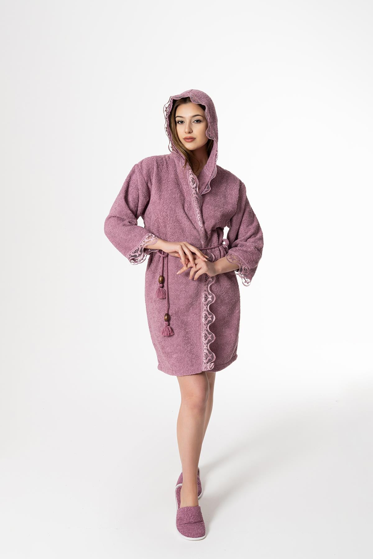 Ada Gelin Bornoz Set 5 Parça Dantelli Çeyizlik Takım Mor - Ender Home