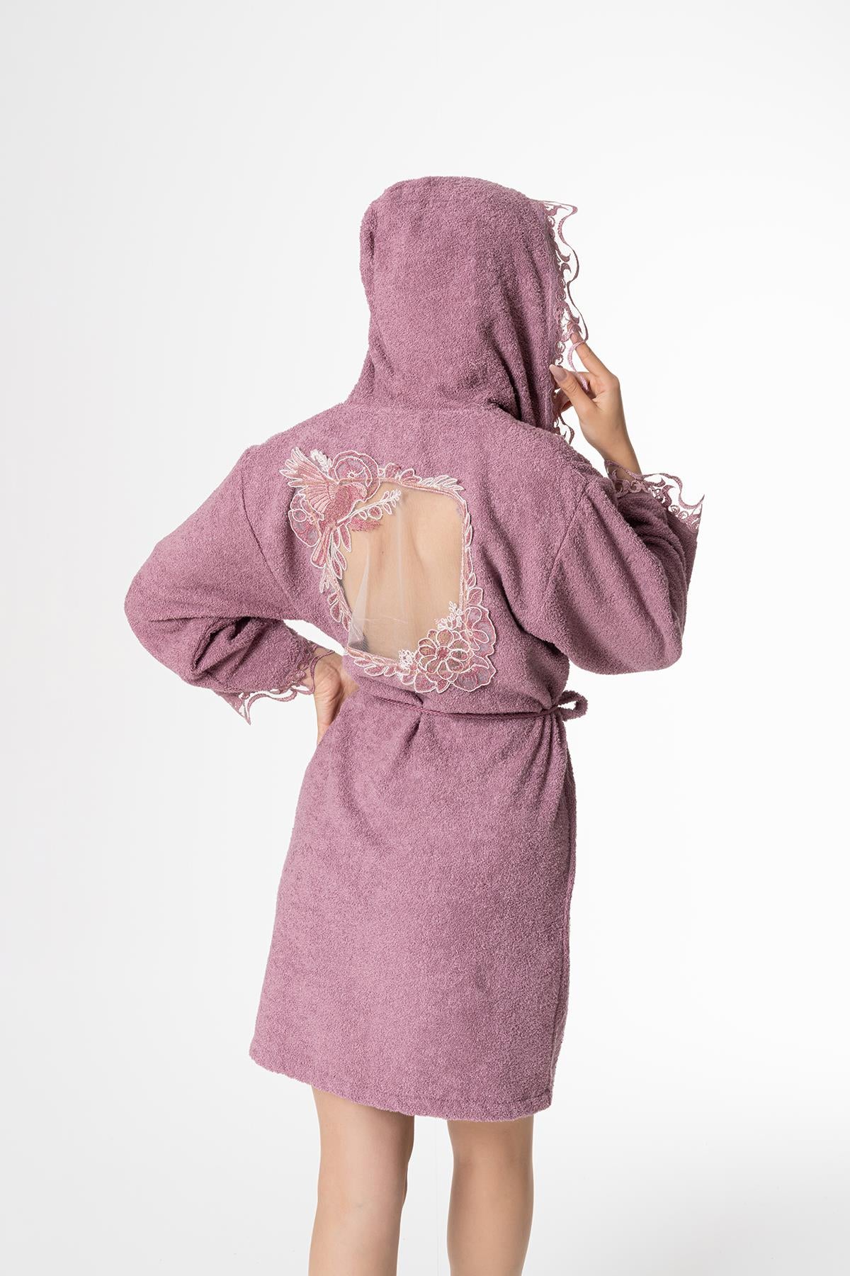 Ada Gelin Bornoz Set 5 Parça Dantelli Çeyizlik Takım Mor - Ender Home