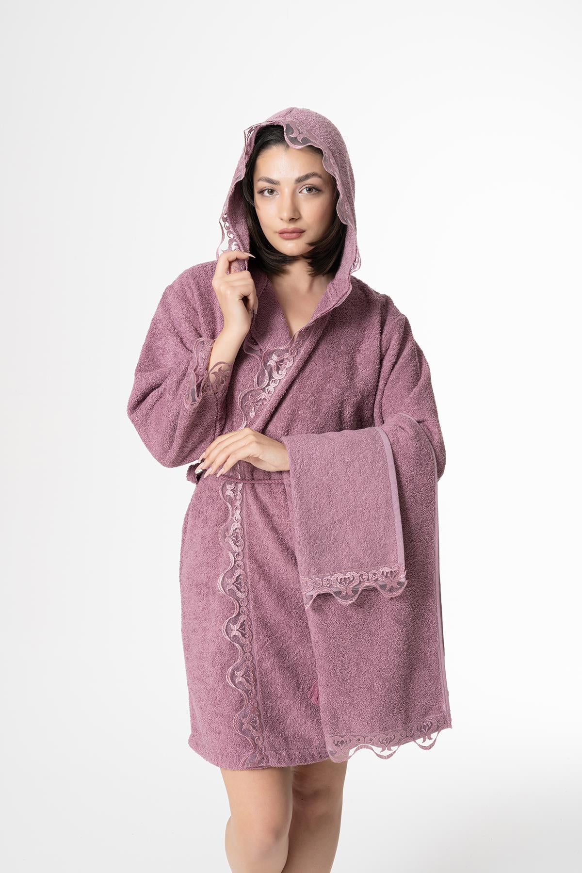 Ada Gelin Bornoz Set 5 Parça Dantelli Çeyizlik Takım Mor - Ender Home