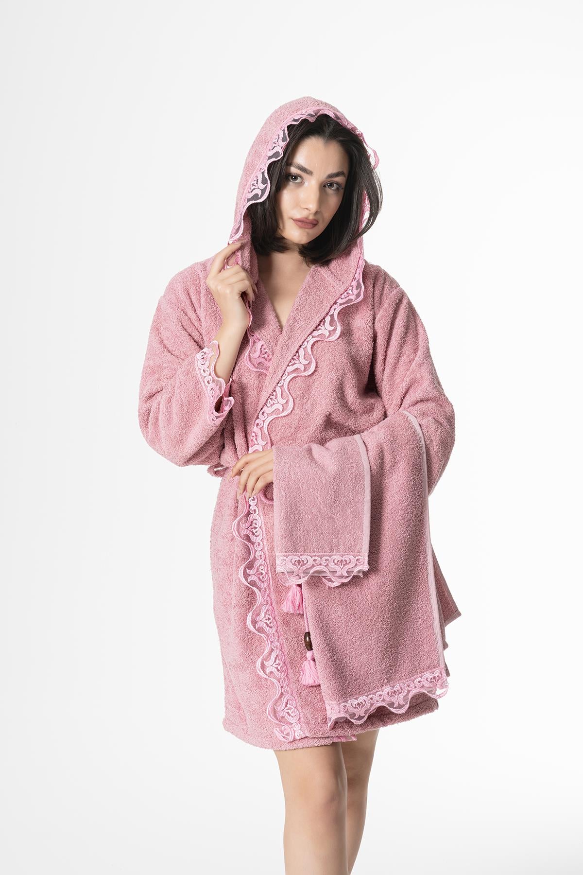 Ada Gelin Bornoz Set 5 Parça Dantelli Çeyizlik Takım Pembe - Ender Home