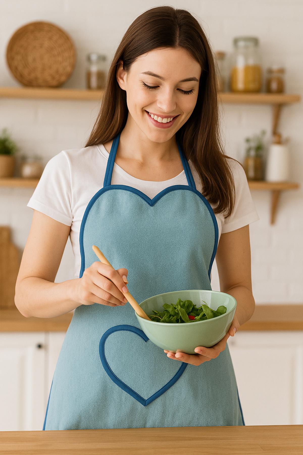 Amor Kalpli Havlu Mutfak Önlüğü – Ayarlanabilir Askılı Su Yeşili - Ender Home