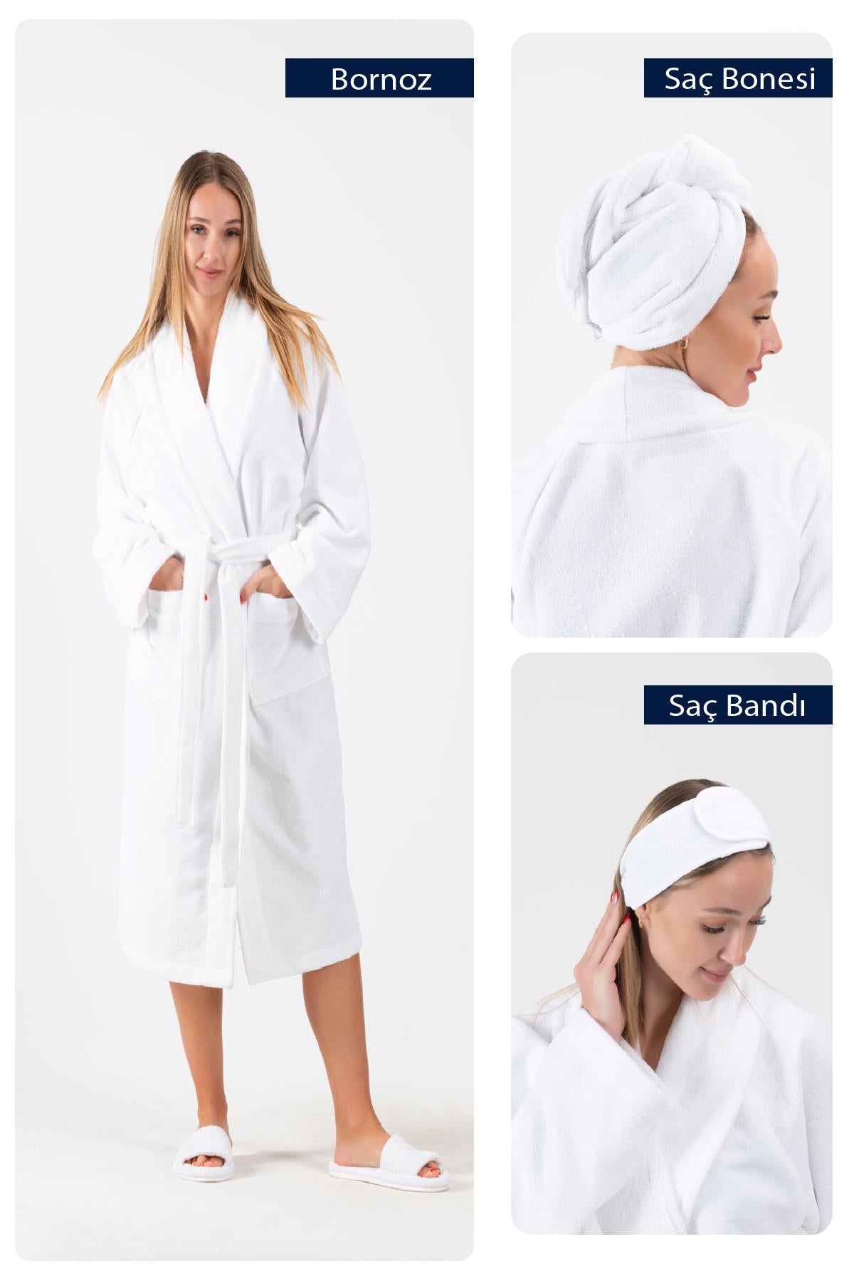 CottonVerse 3'lü Bornoz Seti - %100 Pamuk Bornoz , Saç Bonesi , Saç Bandı Unısex Beyaz - Ender Home