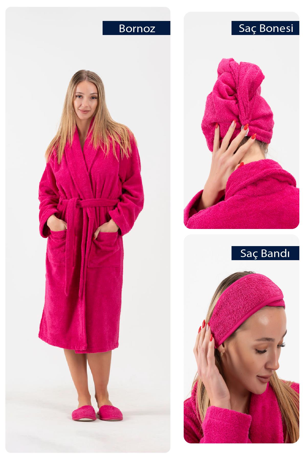 CottonVerse 3'lü Bornoz Seti - %100 Pamuk Bornoz , Saç Bonesi , Saç Bandı Unısex Fuşya - Ender Home
