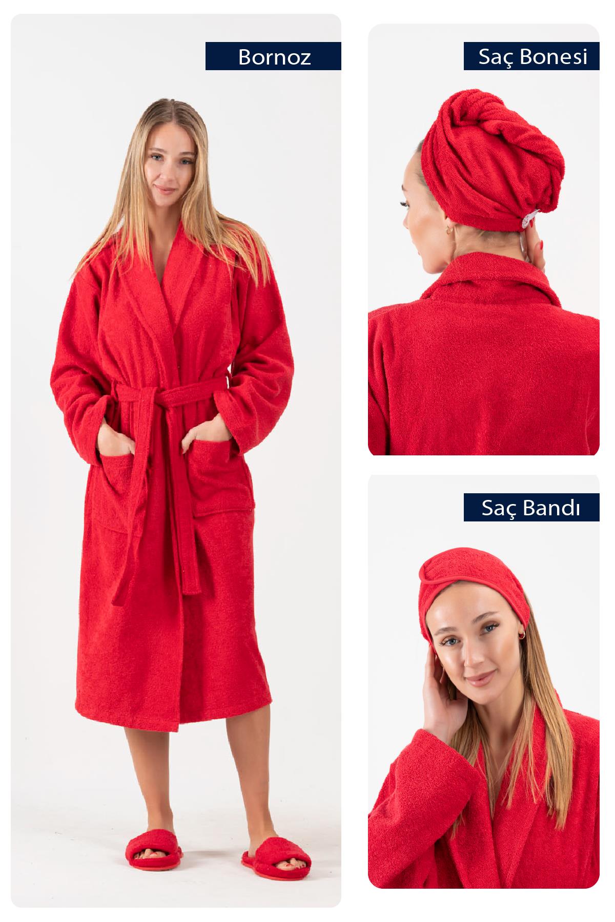 CottonVerse 3'lü Bornoz Seti - %100 Pamuk Bornoz , Saç Bonesi , Saç Bandı Unısex Kırmızı - Ender Home