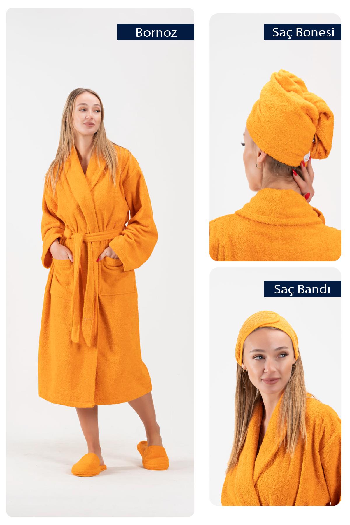 CottonVerse 3'lü Bornoz Seti - %100 Pamuk Bornoz , Saç Bonesi , Saç Bandı Unısex Oranj - Ender Home