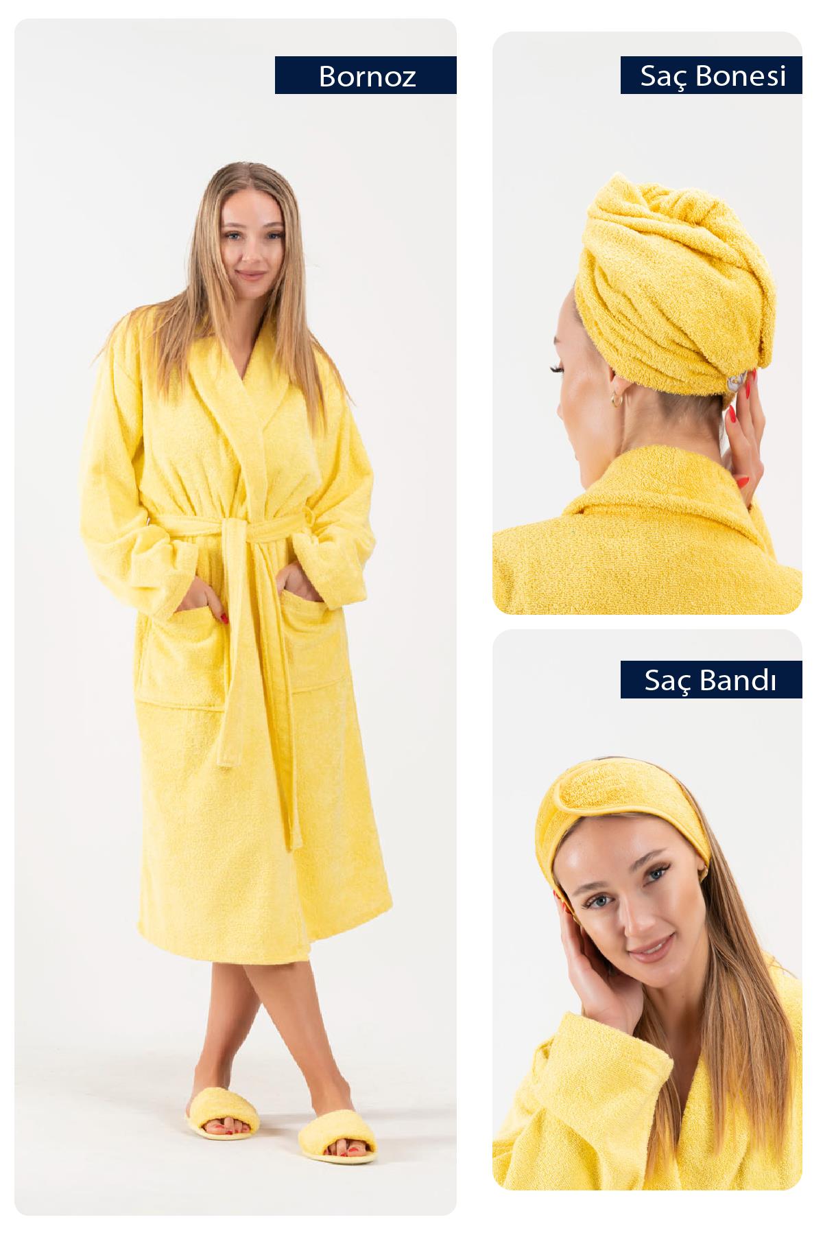 CottonVerse 3'lü Bornoz Seti - %100 Pamuk Bornoz , Saç Bonesi , Saç Bandı Unısex Sarı - Ender Home