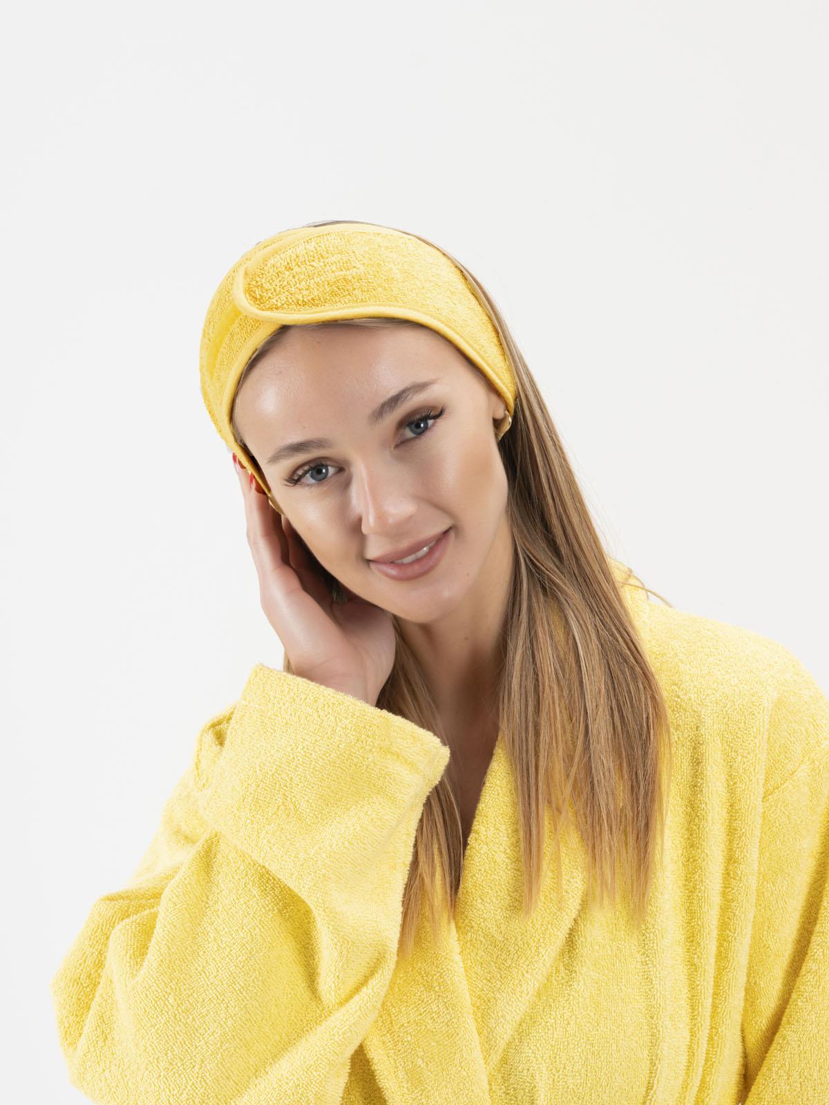 CottonVerse 3'lü Bornoz Seti - %100 Pamuk Bornoz , Saç Bonesi , Saç Bandı Unısex Sarı - Ender Home