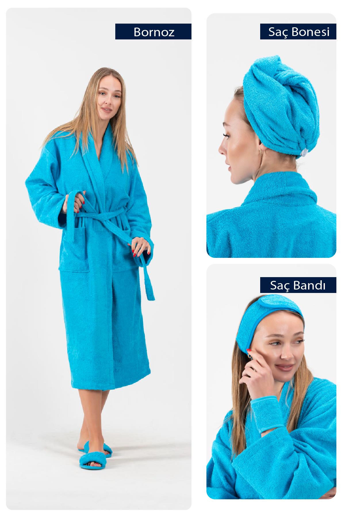 CottonVerse 3'lü Bornoz Seti - %100 Pamuk Bornoz , Saç Bonesi , Saç Bandı Unısex Turkuaz - Ender Home