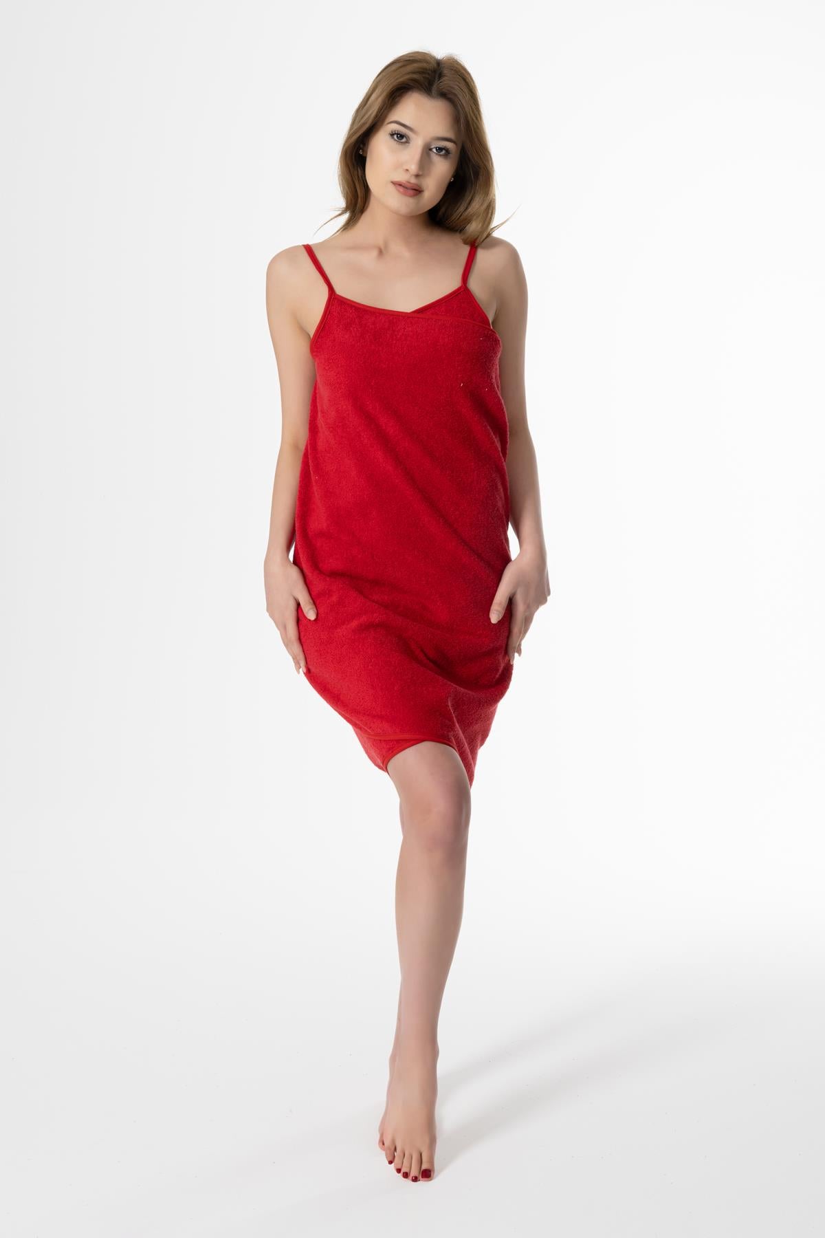 CottonVerse Askılı Havlu Plaj Elbise – %100 Pamuk Kırmızı - Ender Home