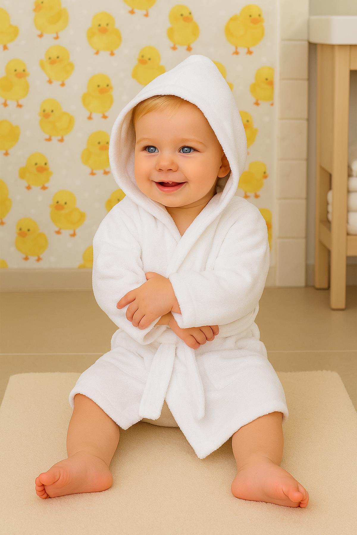 CottonVerse Bebek & Çocuk Kapşonlu Bornoz – %100 Pamuk, Unisex Beyaz - Ender Home