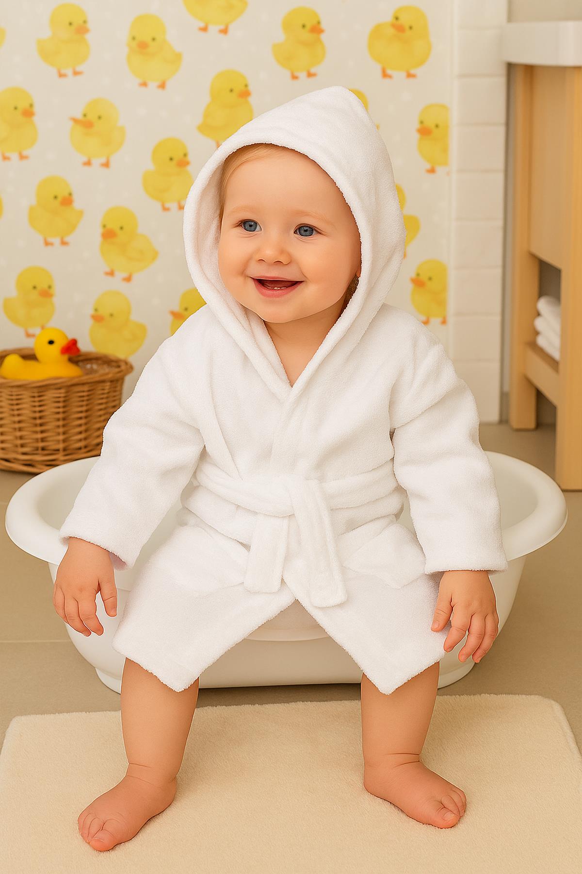 CottonVerse Bebek & Çocuk Kapşonlu Bornoz – %100 Pamuk, Unisex Beyaz - Ender Home