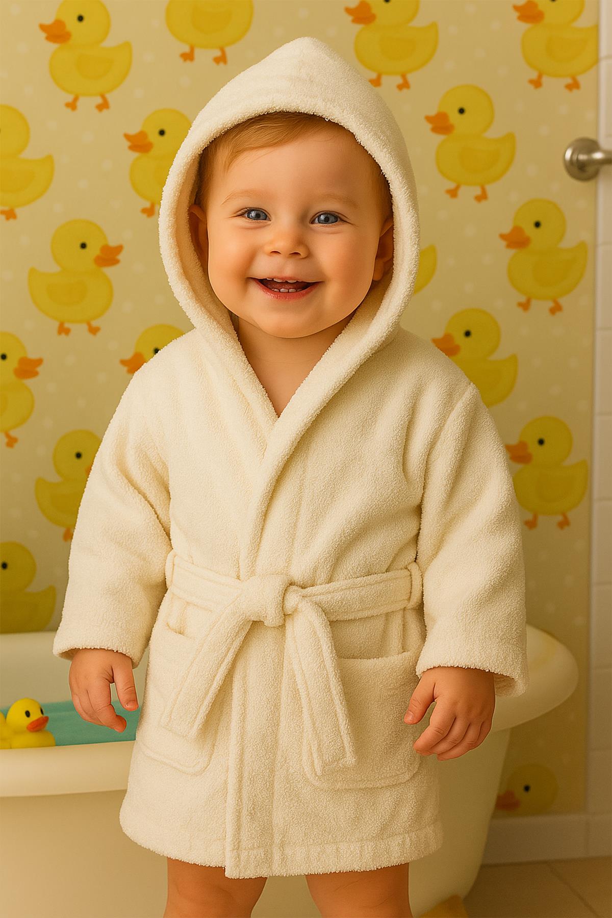 CottonVerse Bebek & Çocuk Kapşonlu Bornoz – %100 Pamuk, Unisex Ekru - Ender Home