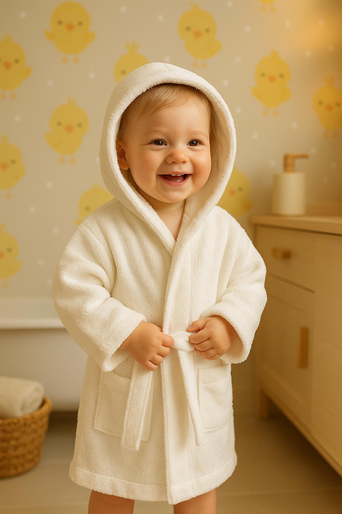 CottonVerse Bebek & Çocuk Kapşonlu Bornoz – %100 Pamuk, Unisex Ekru - Ender Home