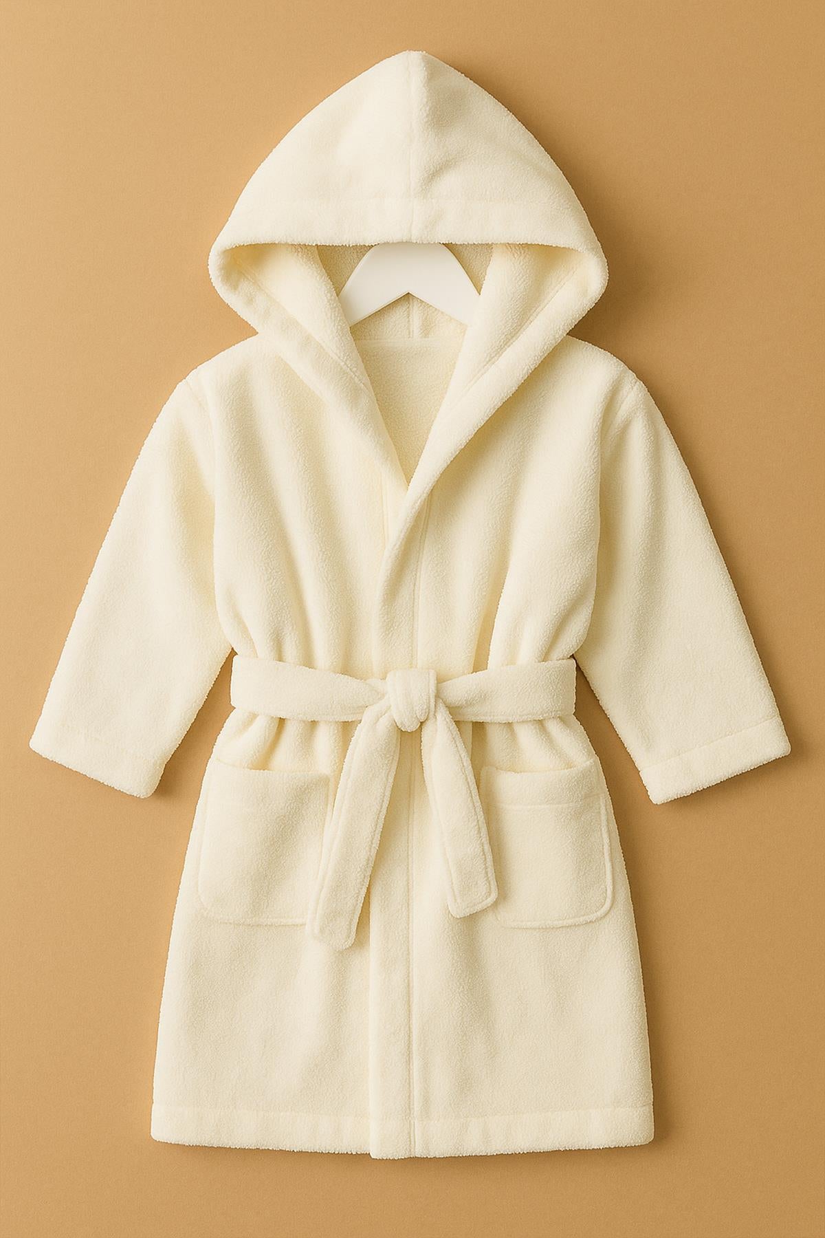 CottonVerse Bebek & Çocuk Kapşonlu Bornoz – %100 Pamuk, Unisex Ekru - Ender Home