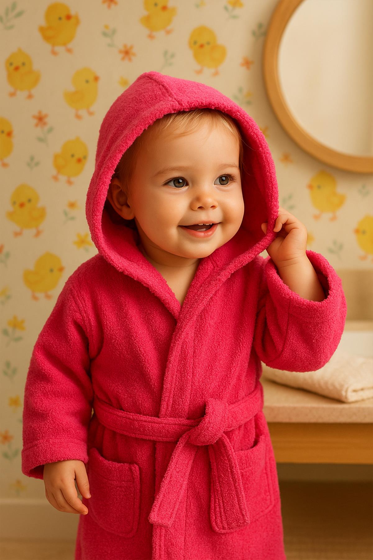 CottonVerse Bebek & Çocuk Kapşonlu Bornoz – %100 Pamuk, Unisex Fuşya - Ender Home