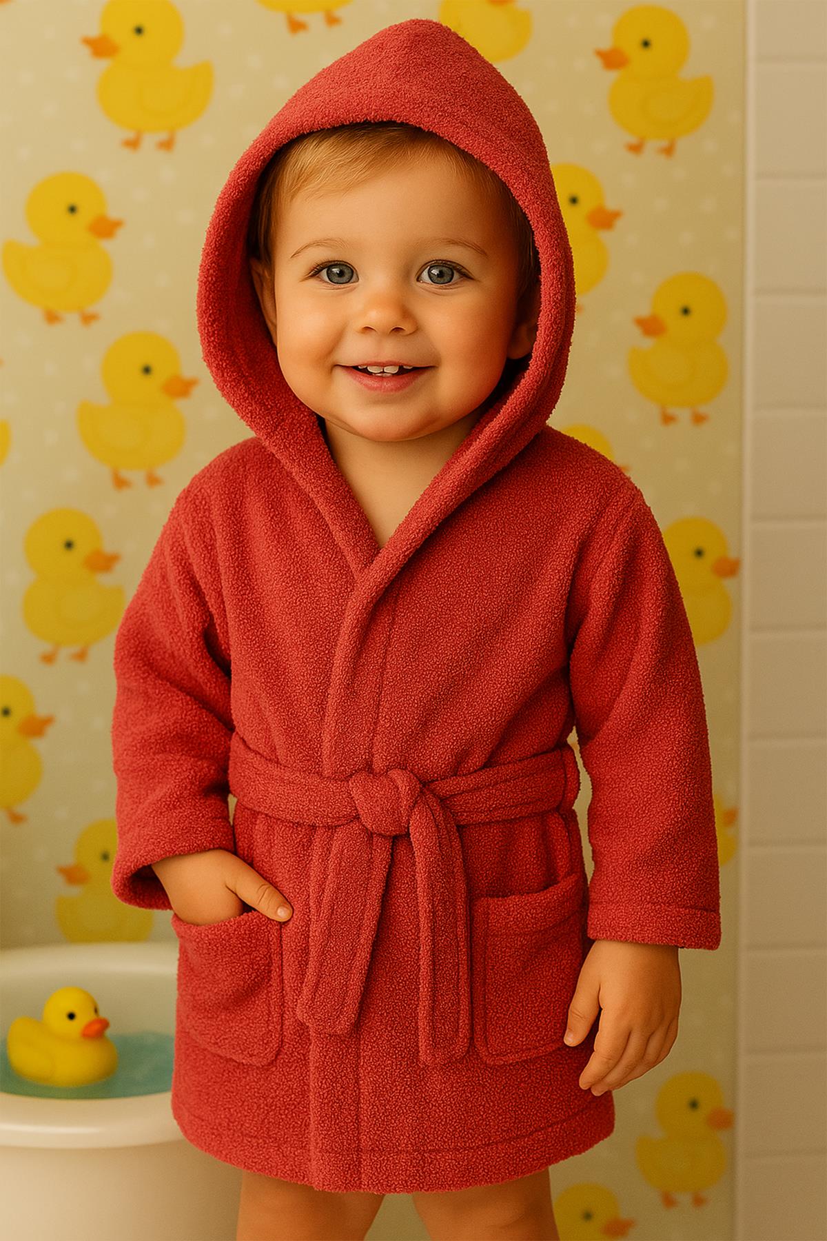 CottonVerse Bebek & Çocuk Kapşonlu Bornoz – %100 Pamuk, Unisex Kırmızı - Ender Home