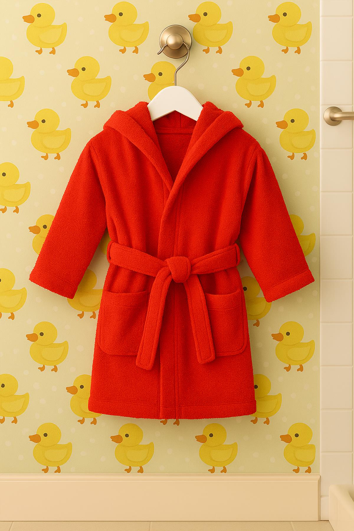 CottonVerse Bebek & Çocuk Kapşonlu Bornoz – %100 Pamuk, Unisex Kırmızı - Ender Home