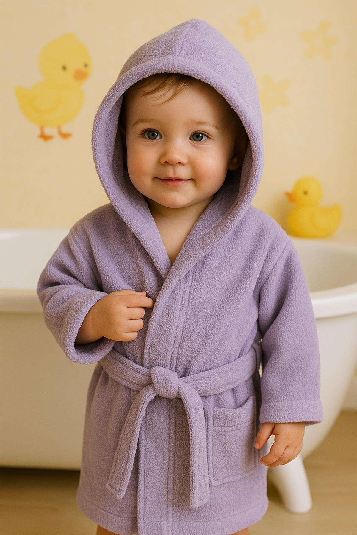 CottonVerse Bebek & Çocuk Kapşonlu Bornoz – %100 Pamuk, Unisex Lila - Ender Home