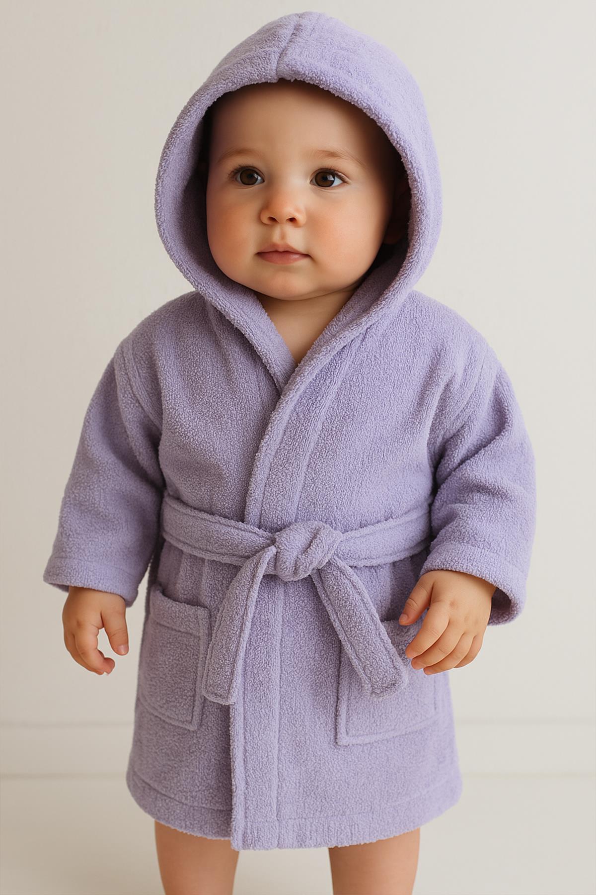 CottonVerse Bebek & Çocuk Kapşonlu Bornoz – %100 Pamuk, Unisex Lila - Ender Home