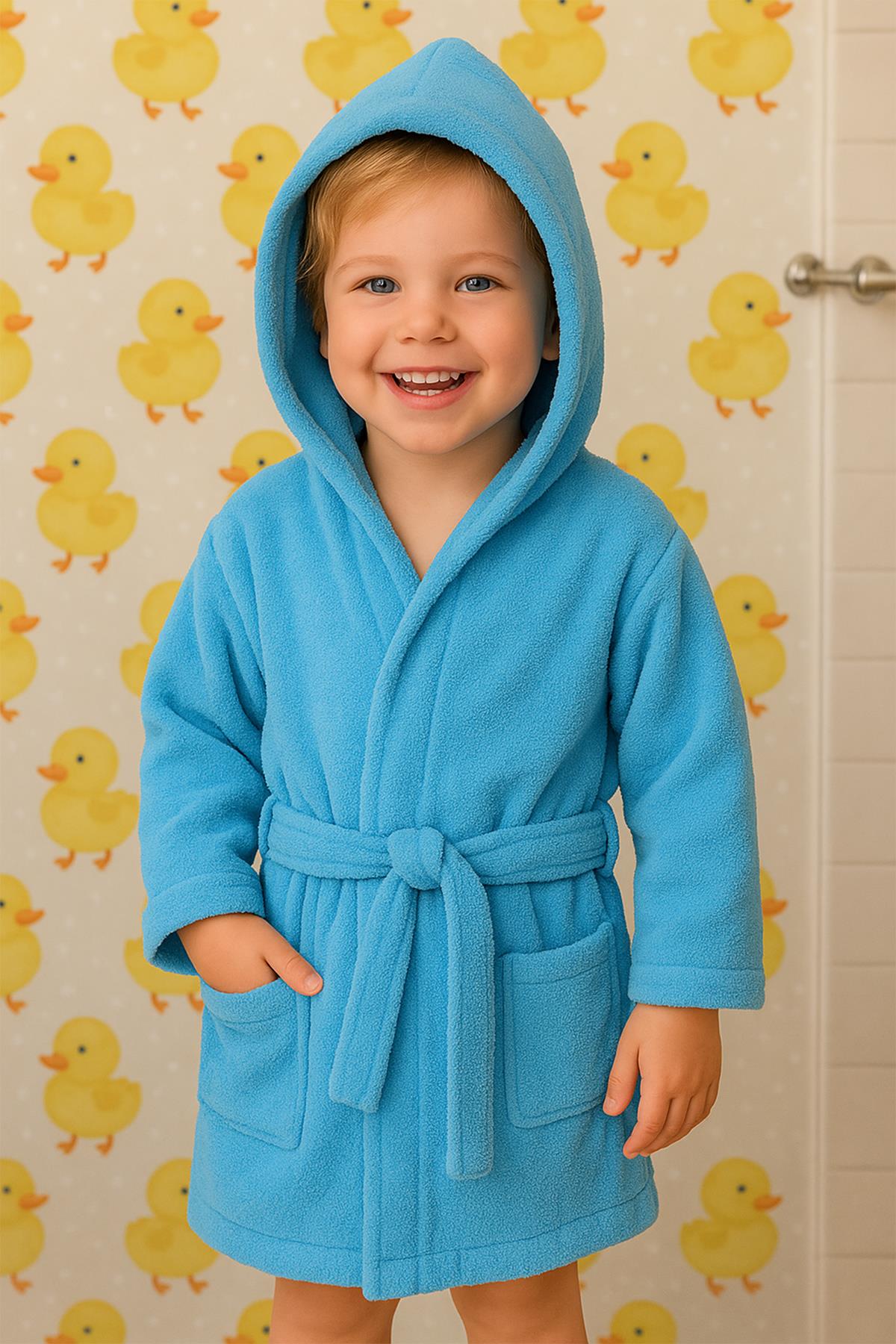 CottonVerse Bebek & Çocuk Kapşonlu Bornoz – %100 Pamuk, Unisex Mavi - Ender Home